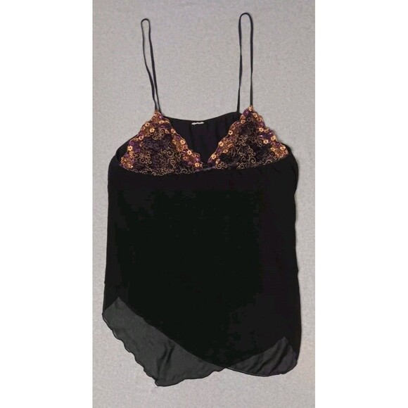 Unbranded Tops - Vintage Y2K Black Embroidered Cami Top L Babydoll Floral Lace Sheer Whimsigoth